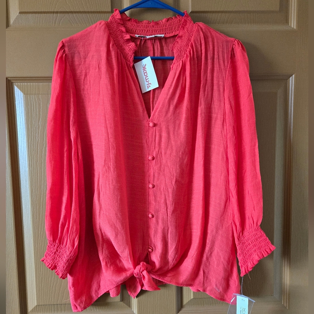 Zac & Rachel Pink Puff Sleeve Blouse with Mandarin Collar